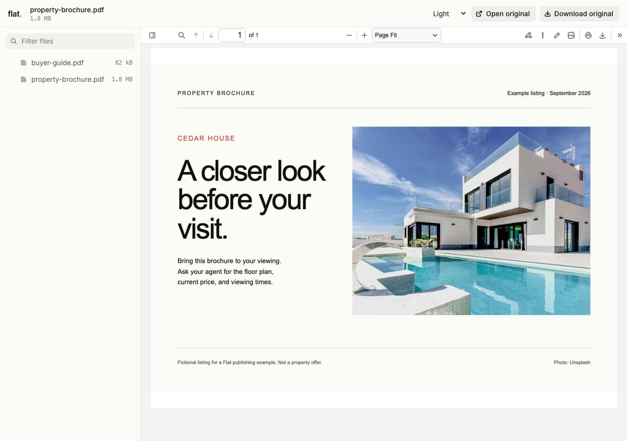 Flat's file explorer with property-brochure.pdf open in the PDF viewer and buyer-guide.pdf in the file list.