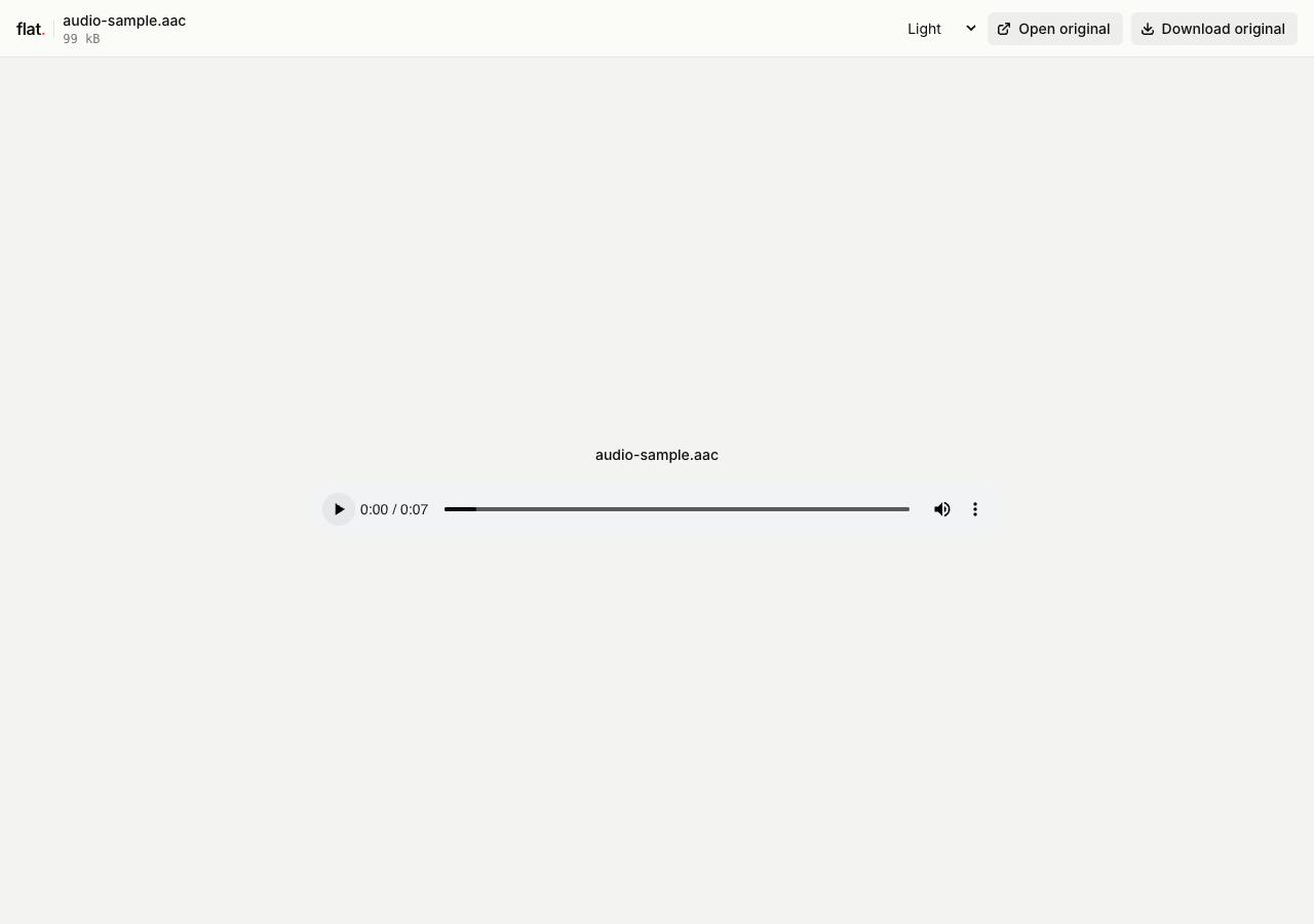 Flat's audio viewer displaying a standalone AAC sample with browser playback controls and original-file actions.