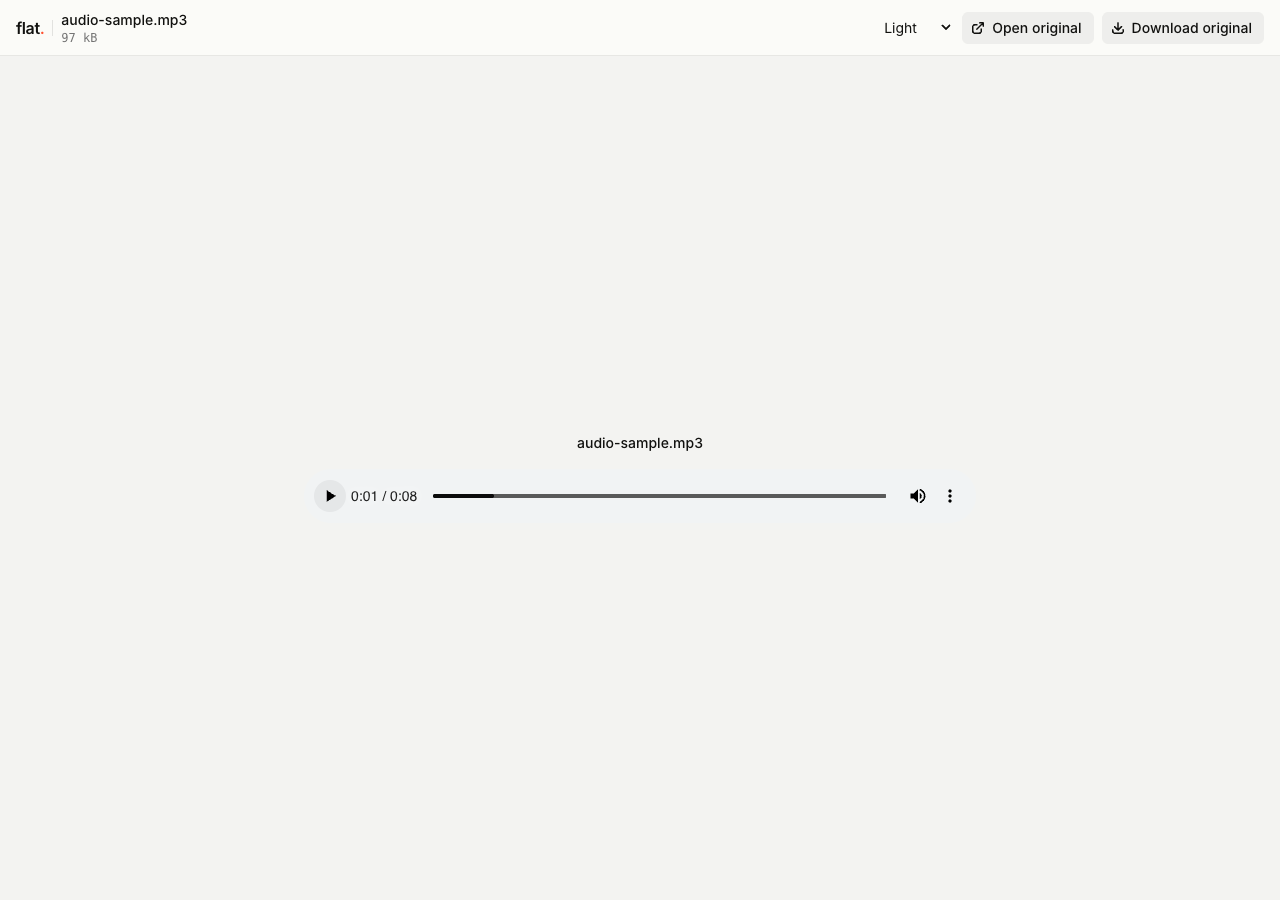 Flat's audio viewer displaying an MP3 recording with browser playback controls and the original download.