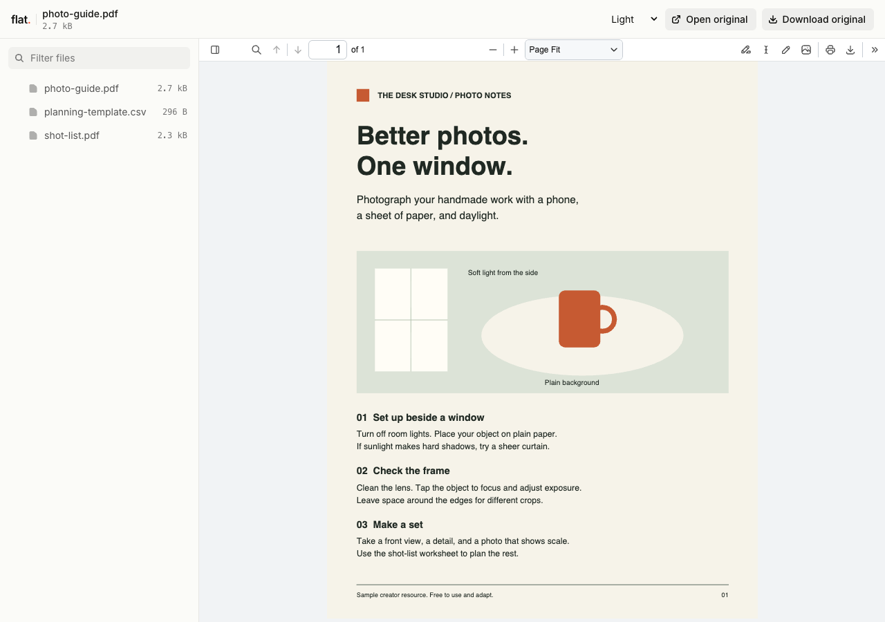 Flat's file explorer with photo-guide.pdf open beside a shot-list worksheet and a planning template.