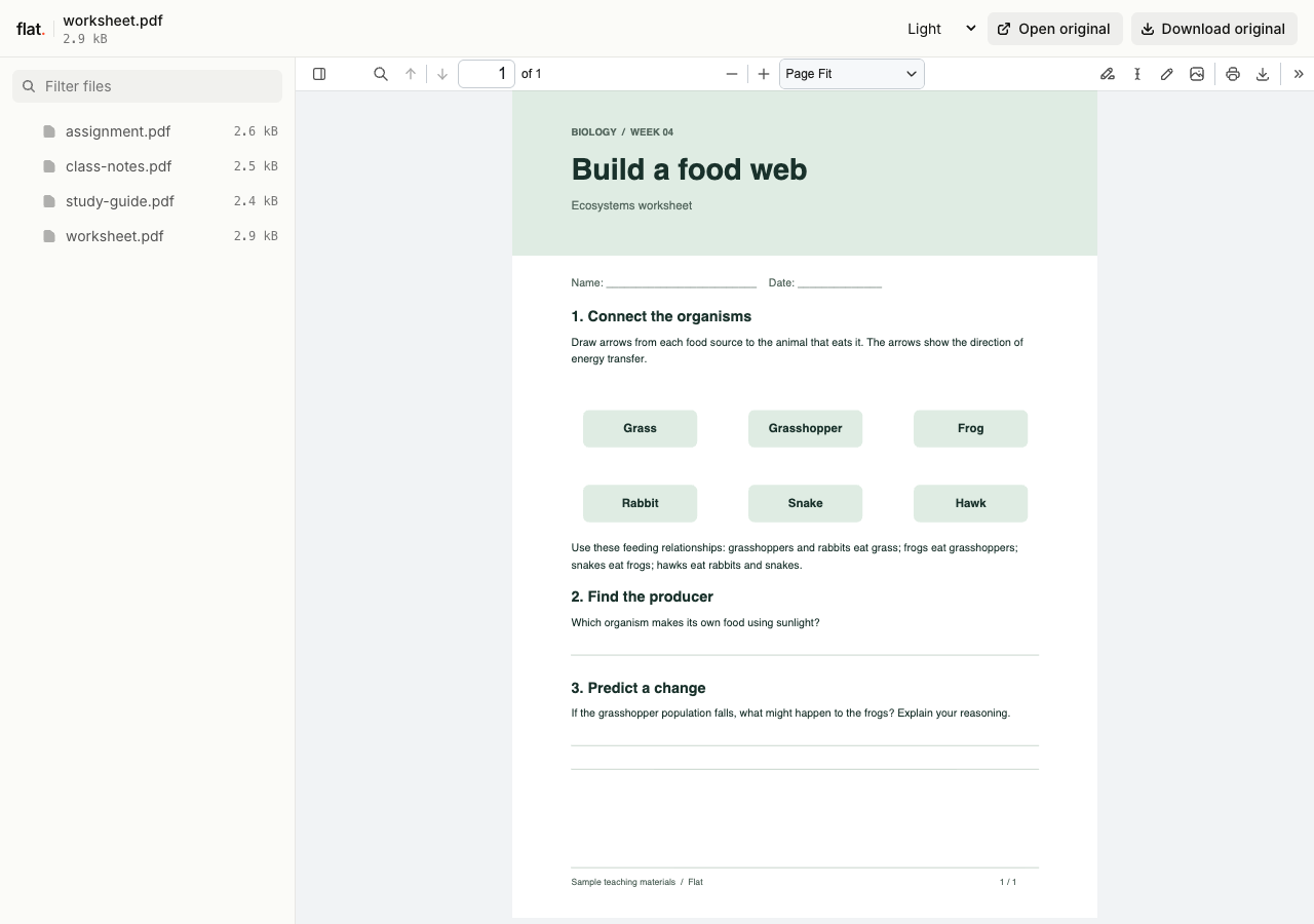 Flat's file explorer with worksheet.pdf open on a food-web exercise and assignment.pdf, class-notes.pdf, and study-guide.pdf in the sidebar.