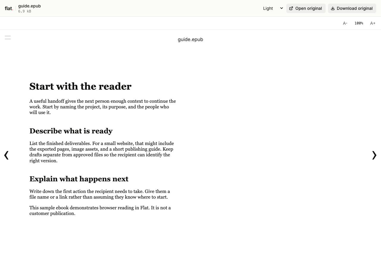 Flat's EPUB reader displaying a chapter about project handoffs, with text-size and page-navigation controls.