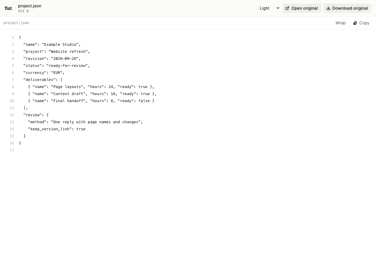 Flat's JSON viewer highlighting a sample project object and deliverables array with Wrap, Copy, and original-download controls.