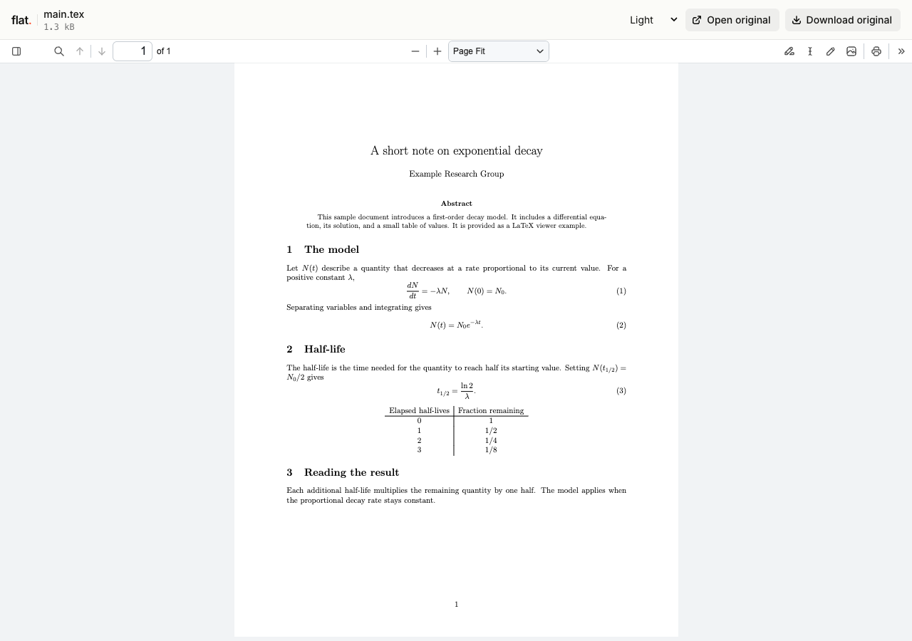 Flat's LaTeX viewer displaying a compiled sample paper with equations and a table, with the original TeX file available to download.