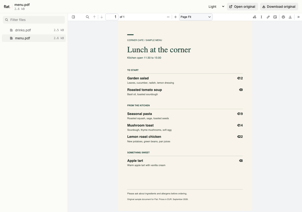 Flat's file explorer with menu.pdf open in the PDF viewer and drinks.pdf in the file list.