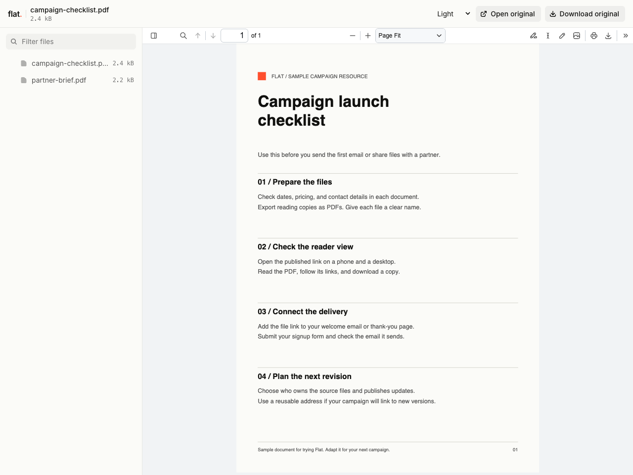 Flat's file explorer with campaign-checklist.pdf open in the PDF viewer and partner-brief.pdf in the file list.