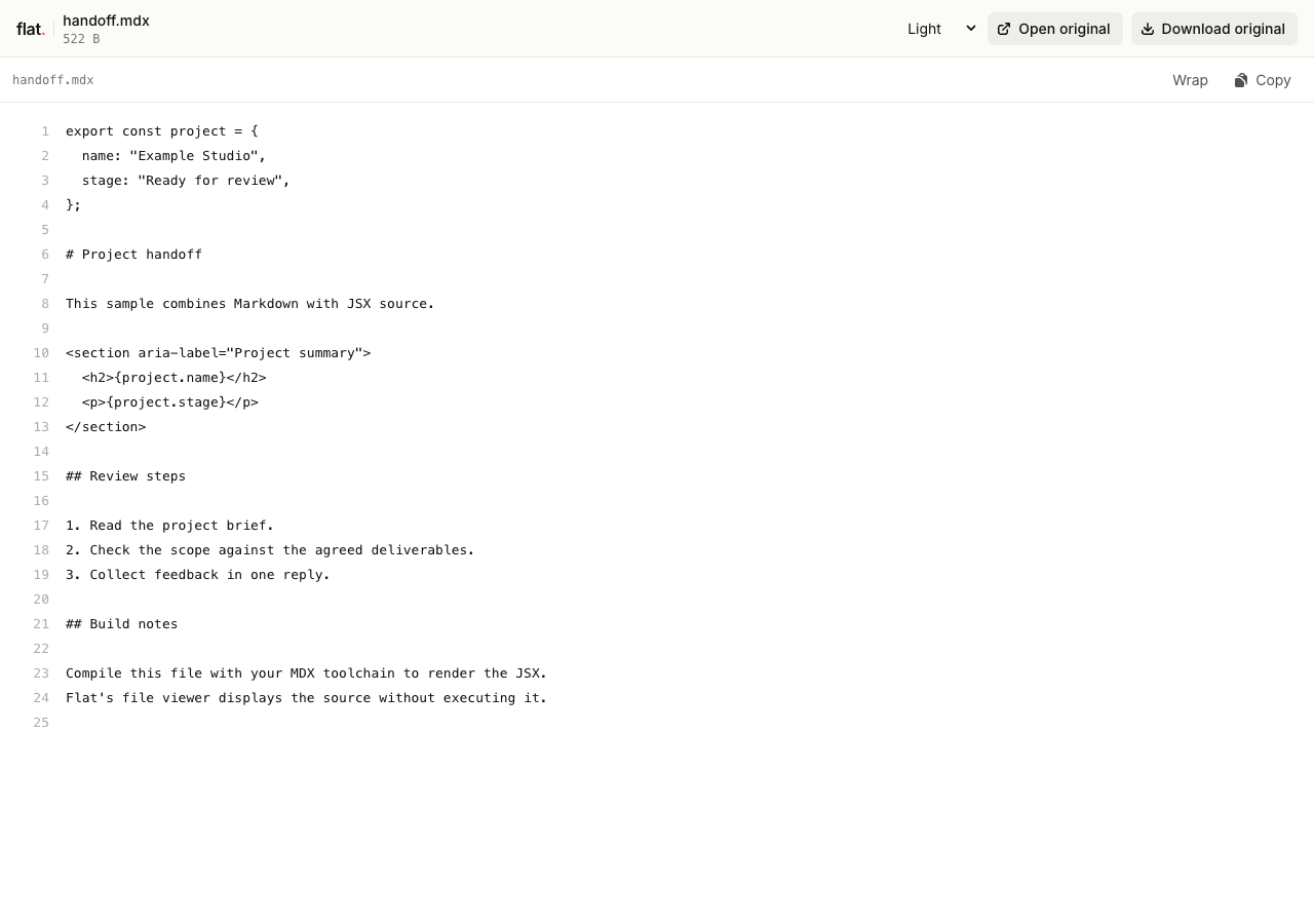Flat's MDX source viewer displaying an exported project object, JSX tags, and Markdown text with syntax highlighting.