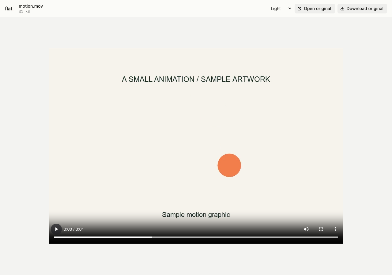 Flat's native video player showing the generated MOV motion graphic with playback controls.