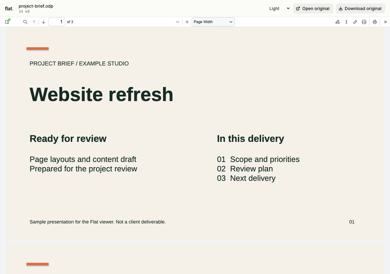 Flat's PDF viewer displaying the project brief from an OpenDocument presentation, with slide-page navigation and the original ODP download.