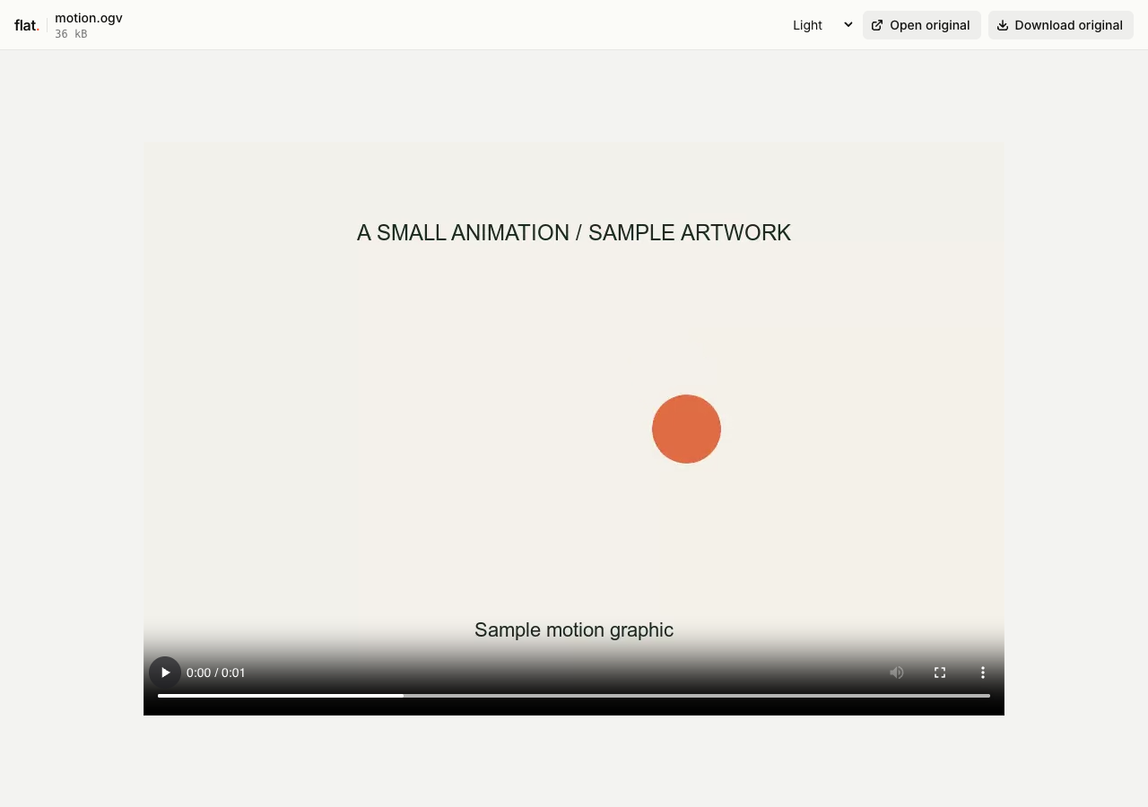 Flat's video player showing a generated silent Ogg VP8 motion graphic with native playback controls.