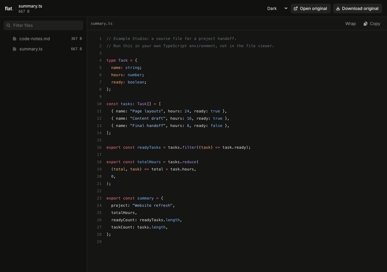 Flat's dark-theme file explorer with summary.ts selected, TypeScript syntax highlighting, line numbers, Wrap and Copy controls, and original-file actions.