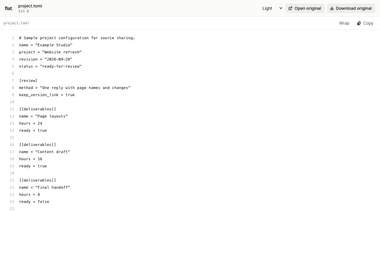 Flat's TOML viewer showing highlighted project settings, a review table, and deliverables with original-download controls.
