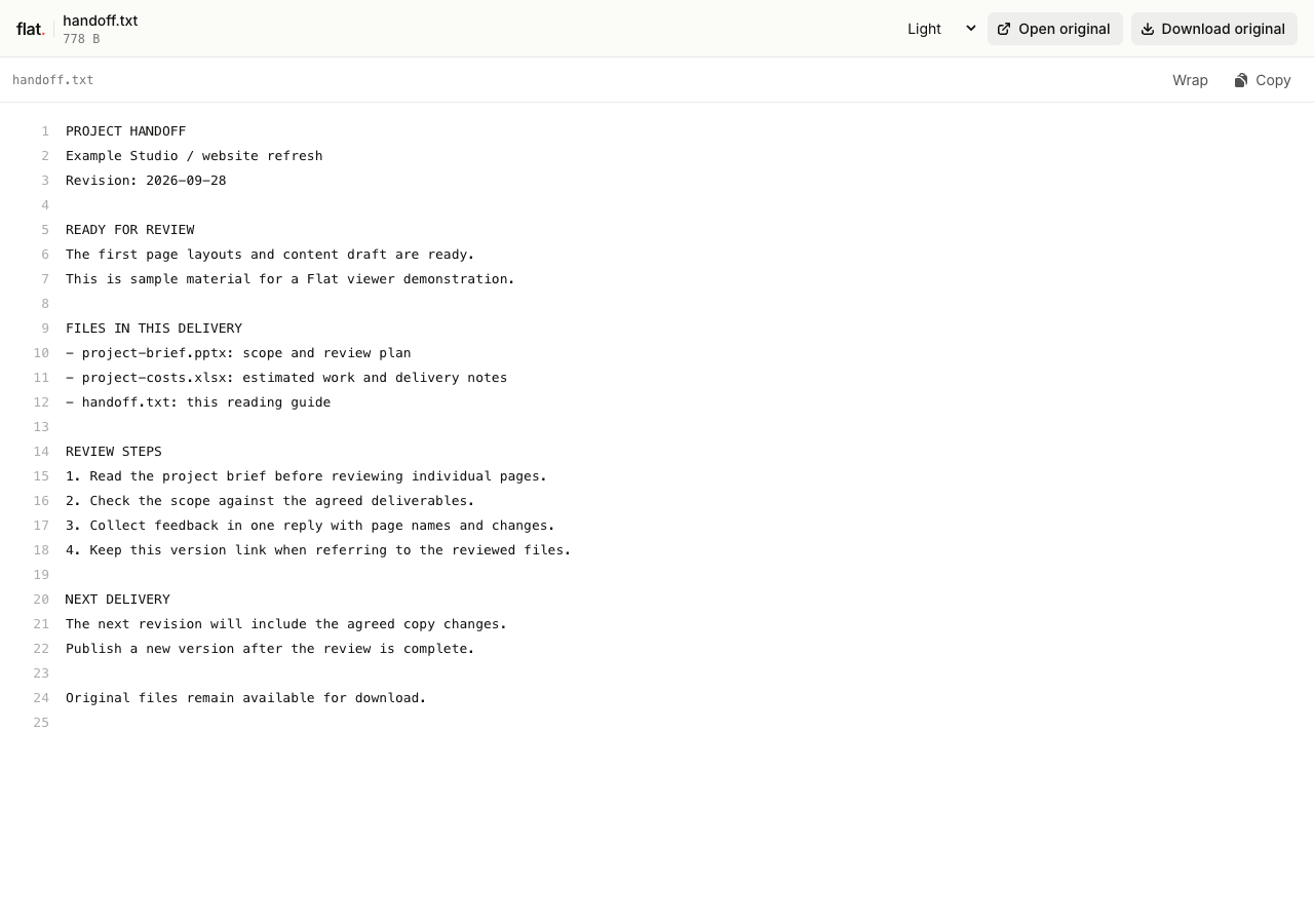 Flat's text viewer showing project handoff notes, delivery files, and review steps with Wrap and Copy controls.