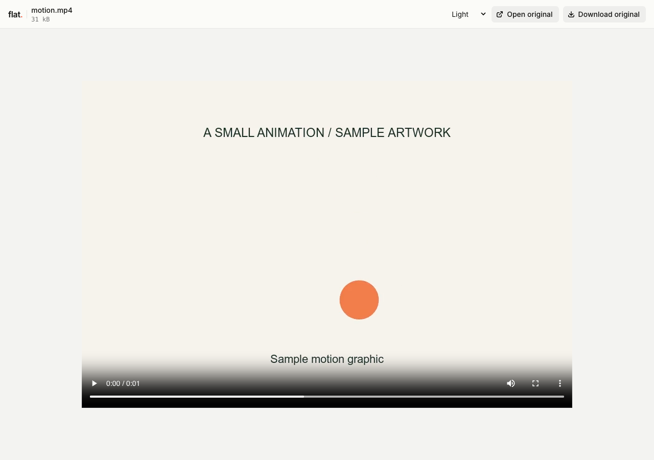 Flat's video viewer showing a frame of a sample motion graphic, with native playback controls and an original download.