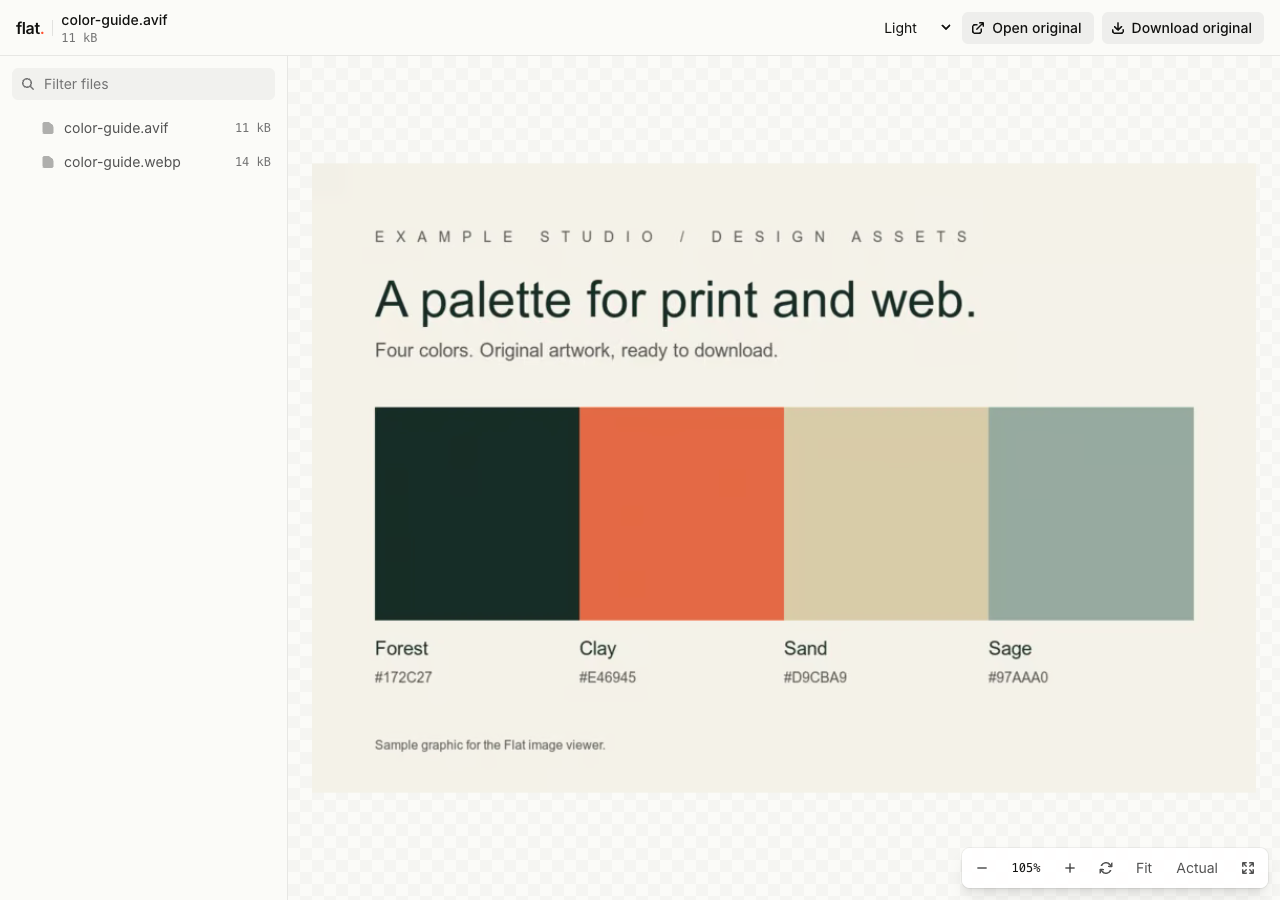 Flat's file explorer listing WebP and AVIF images, with the AVIF color guide open in the image viewer.
