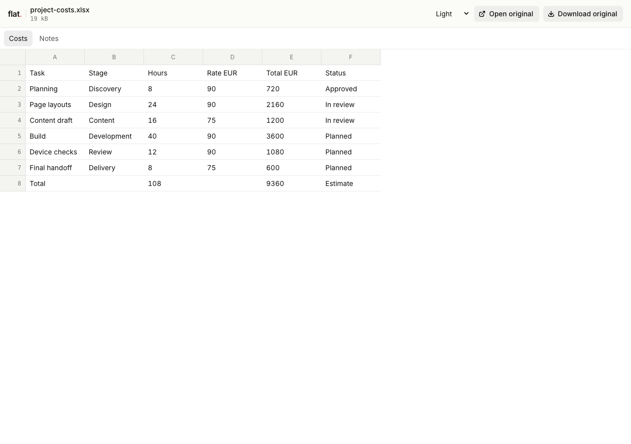 Flat's XLSX viewer displaying project cost data with Costs and Notes sheet tabs and the original Excel download.