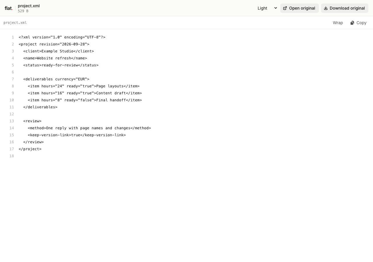 Flat's XML source viewer highlighting project elements, attributes, and text with original-file download actions.