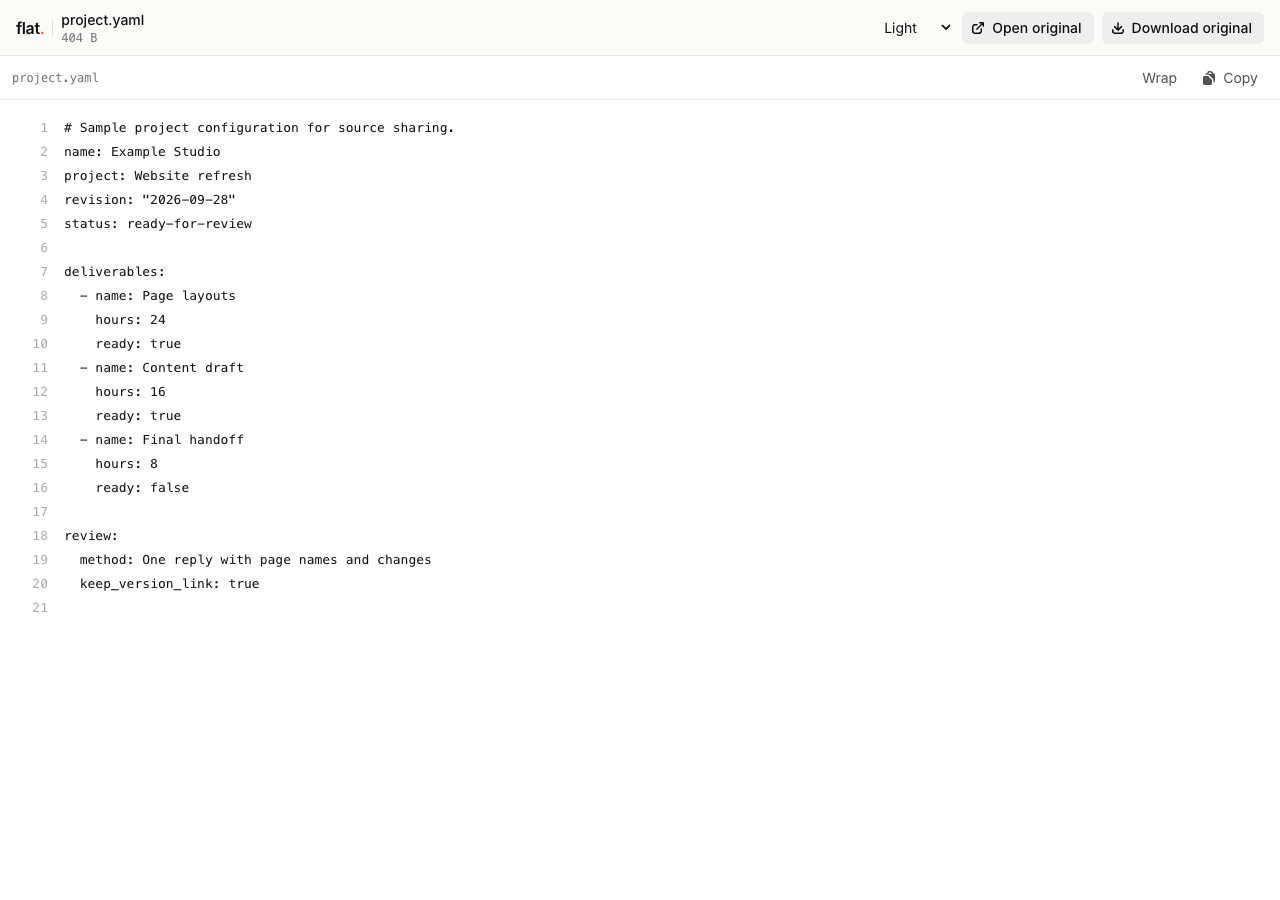 Flat's YAML viewer showing indented project configuration, a deliverables list, and comments as readable source.