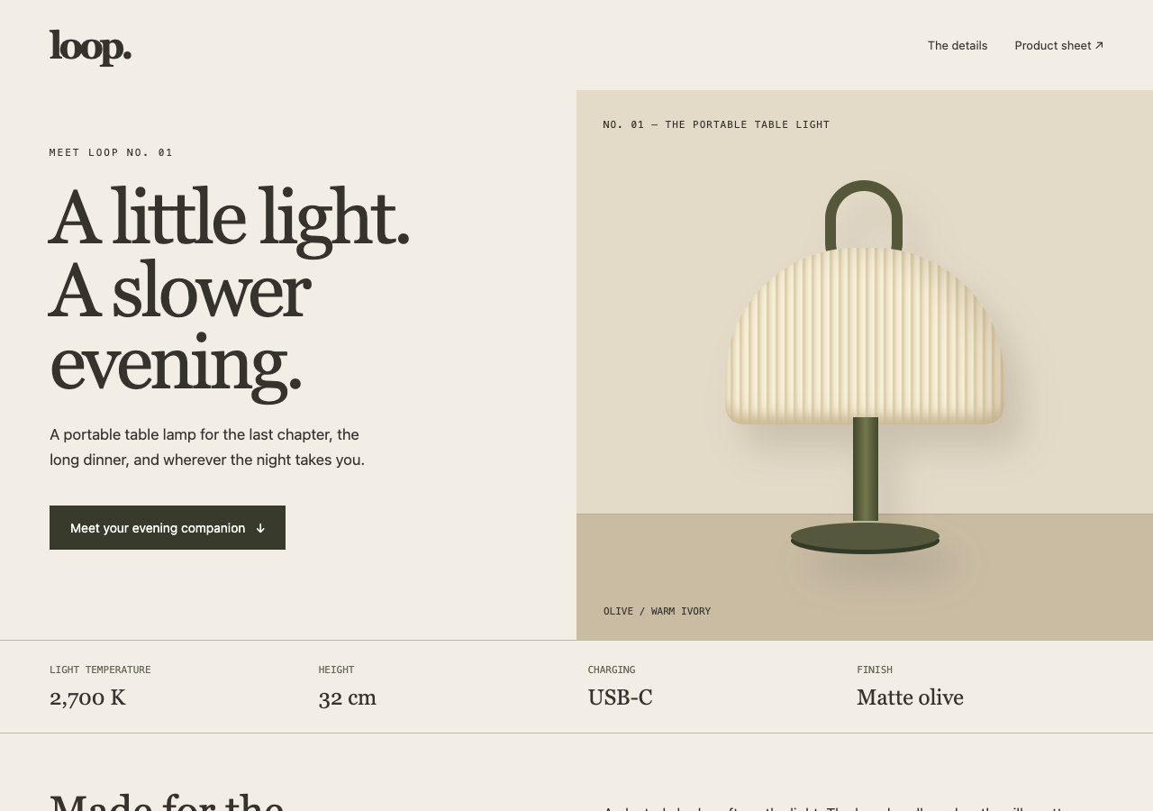 Loop lamp concept launch page with a pleated cream shade, olive handle, product details, and a product-sheet link