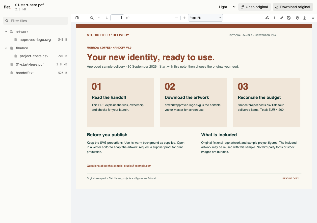 Flat's file explorer shows a Morrow identity handoff PDF beside artwork and finance folders.