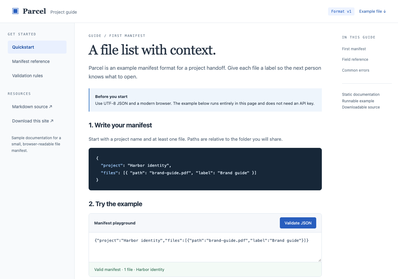 Parcel documentation with chapter navigation, a JSON manifest example, and a working validation playground.