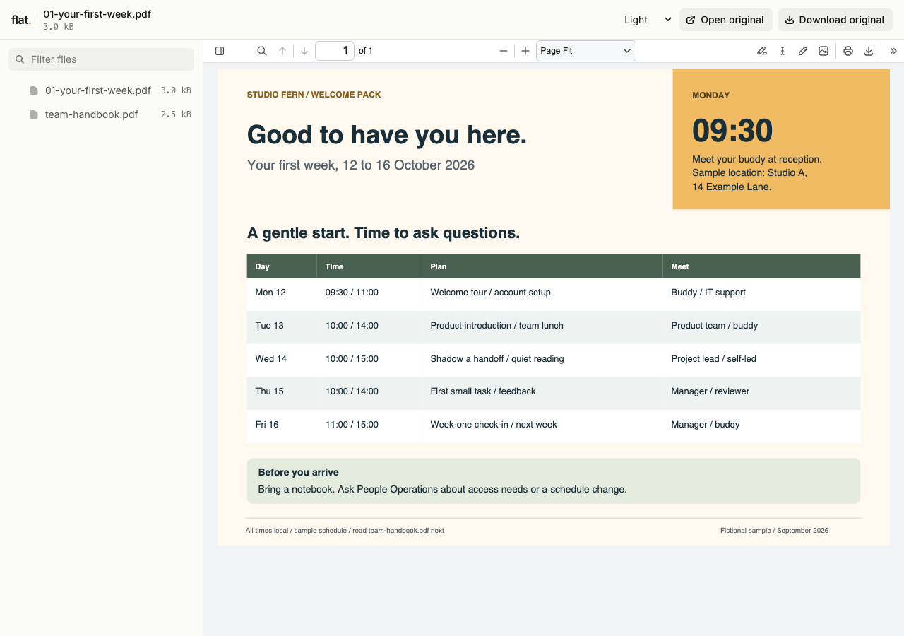 Flat displaying a Studio Fern welcome guide with a Monday arrival note and a readable five-day schedule.