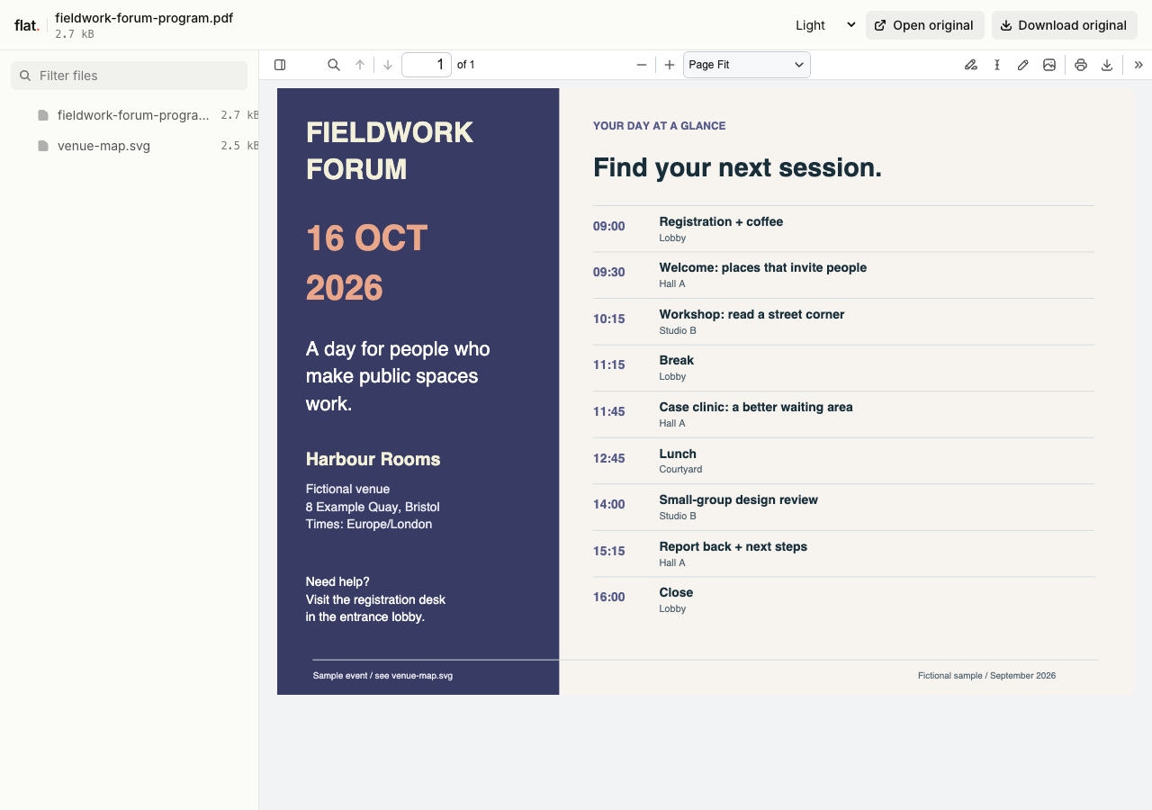 Flat displaying a Fieldwork Forum program with session times, room names, and arrival information.