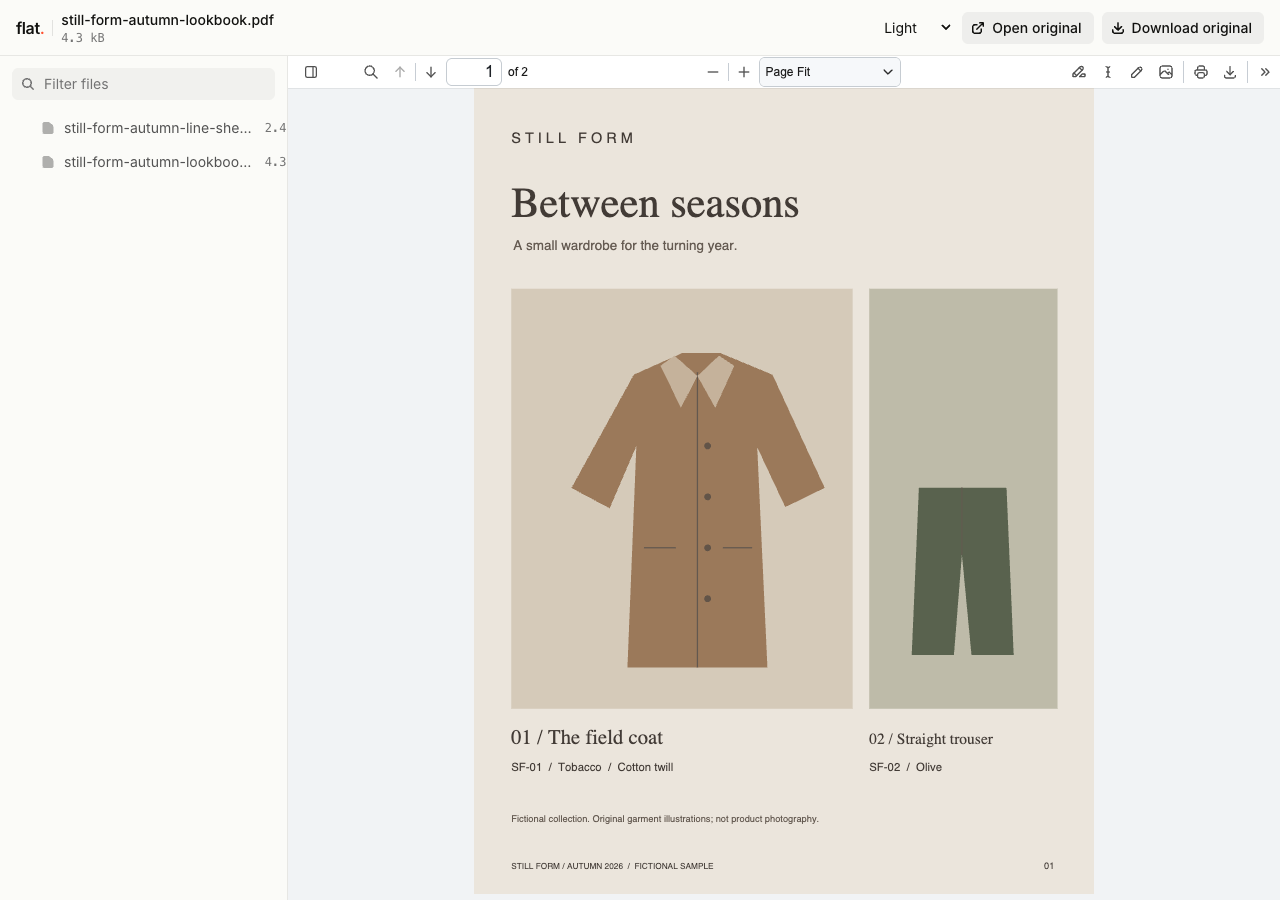 Still Form's autumn sample lookbook in Flat, with original illustrations of a field coat and straight trousers.