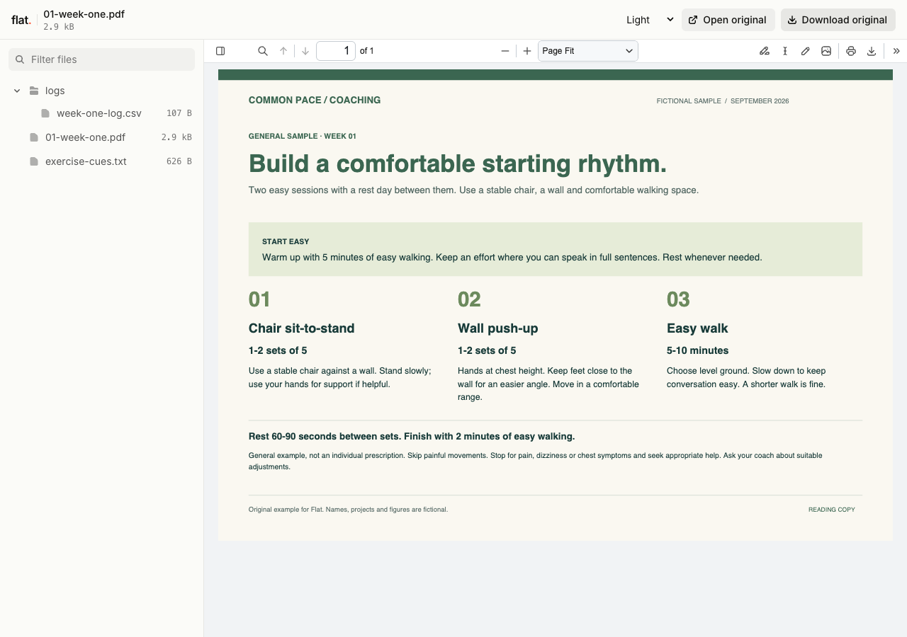 Flat shows a Common Pace beginner session PDF with exercise order, sets, cues and rest periods.
