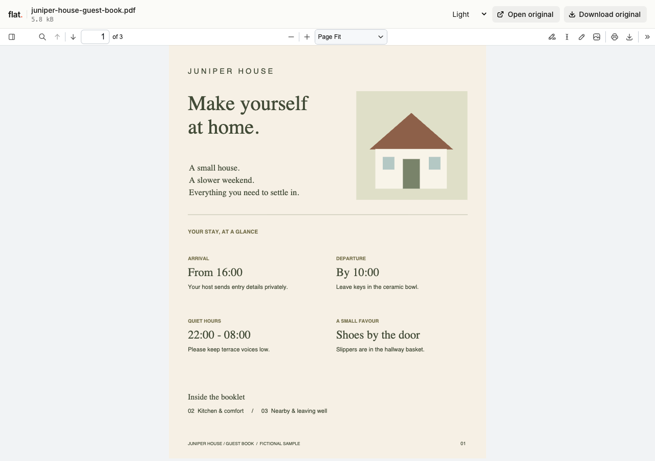 Juniper House's sample guest booklet in Flat, with arrival, checkout, quiet hours, and house information.