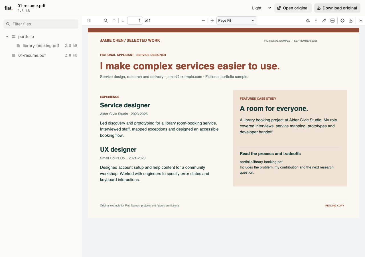 Flat displays Jamie Chen's fictional service-design resume with a downloadable library-booking case study.