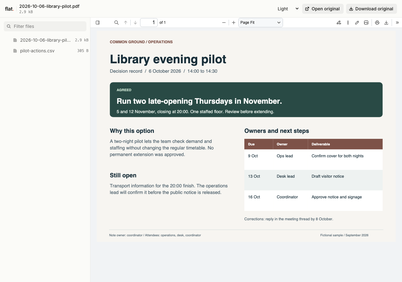 Flat displaying a library pilot meeting summary with an agreed decision, reasons, and dated actions.