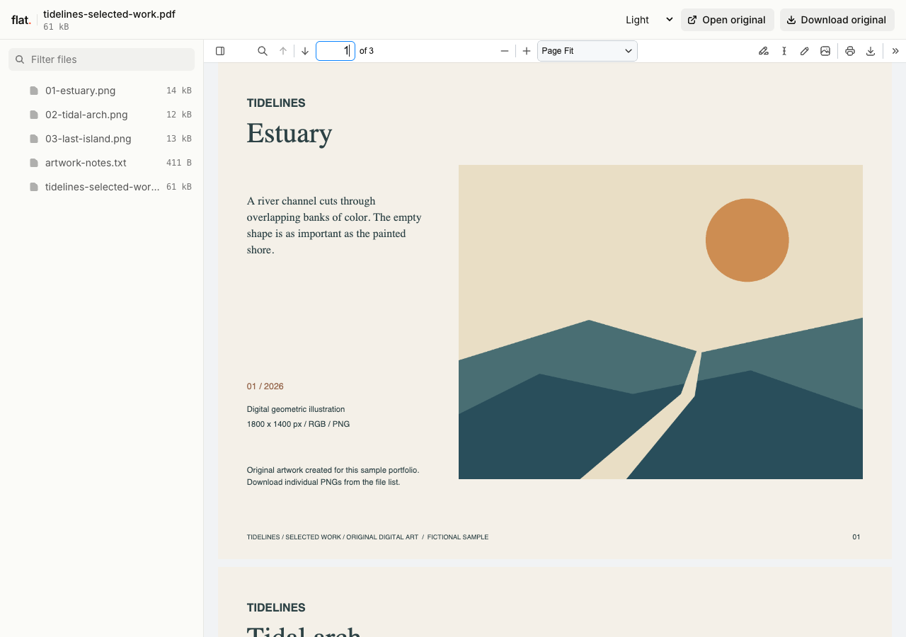 Tidelines selected-work portfolio in Flat, with original geometric coastal artwork and individual PNGs in the file list.