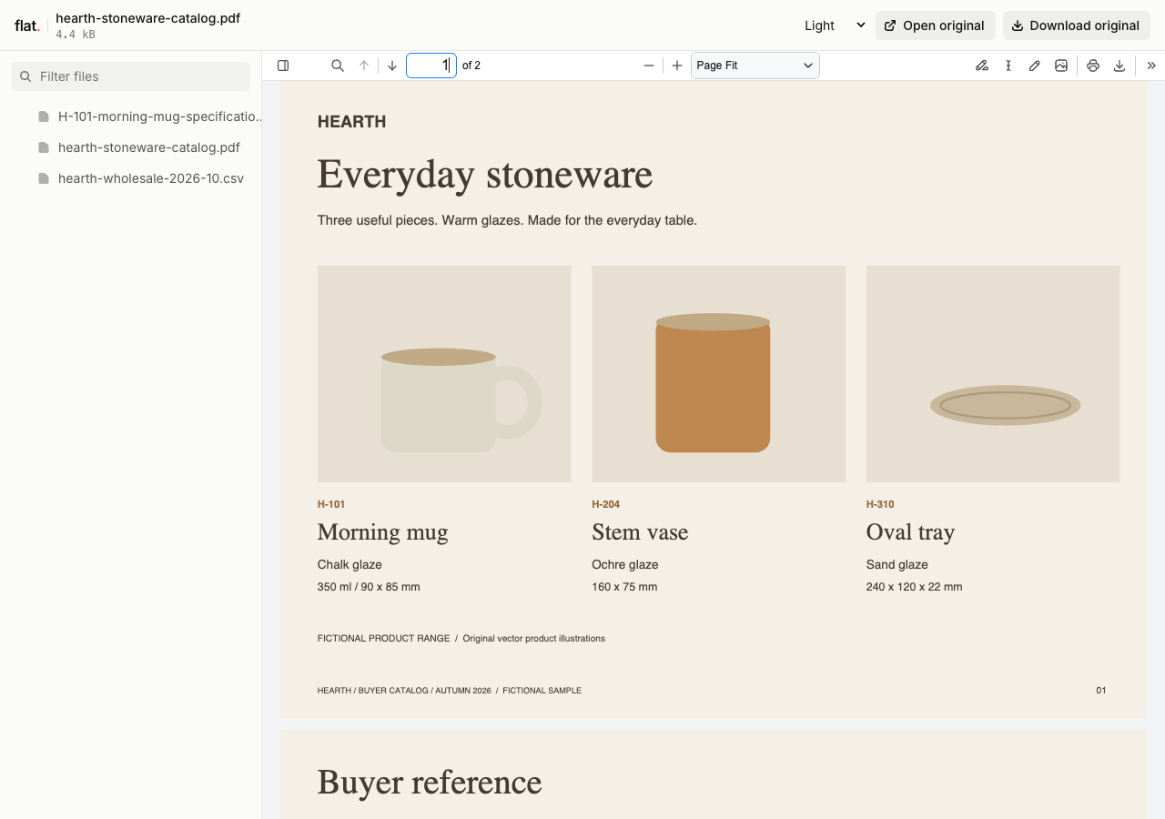 Hearth's sample stoneware catalog in Flat, showing a mug, vase, and tray with product codes and dimensions.