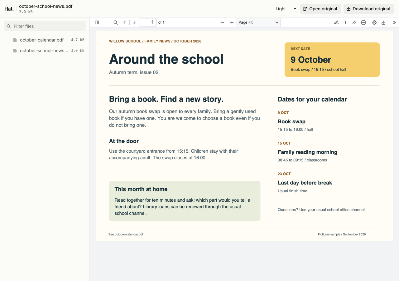Flat displaying a Willow School autumn newsletter with a book swap notice and dates for families.