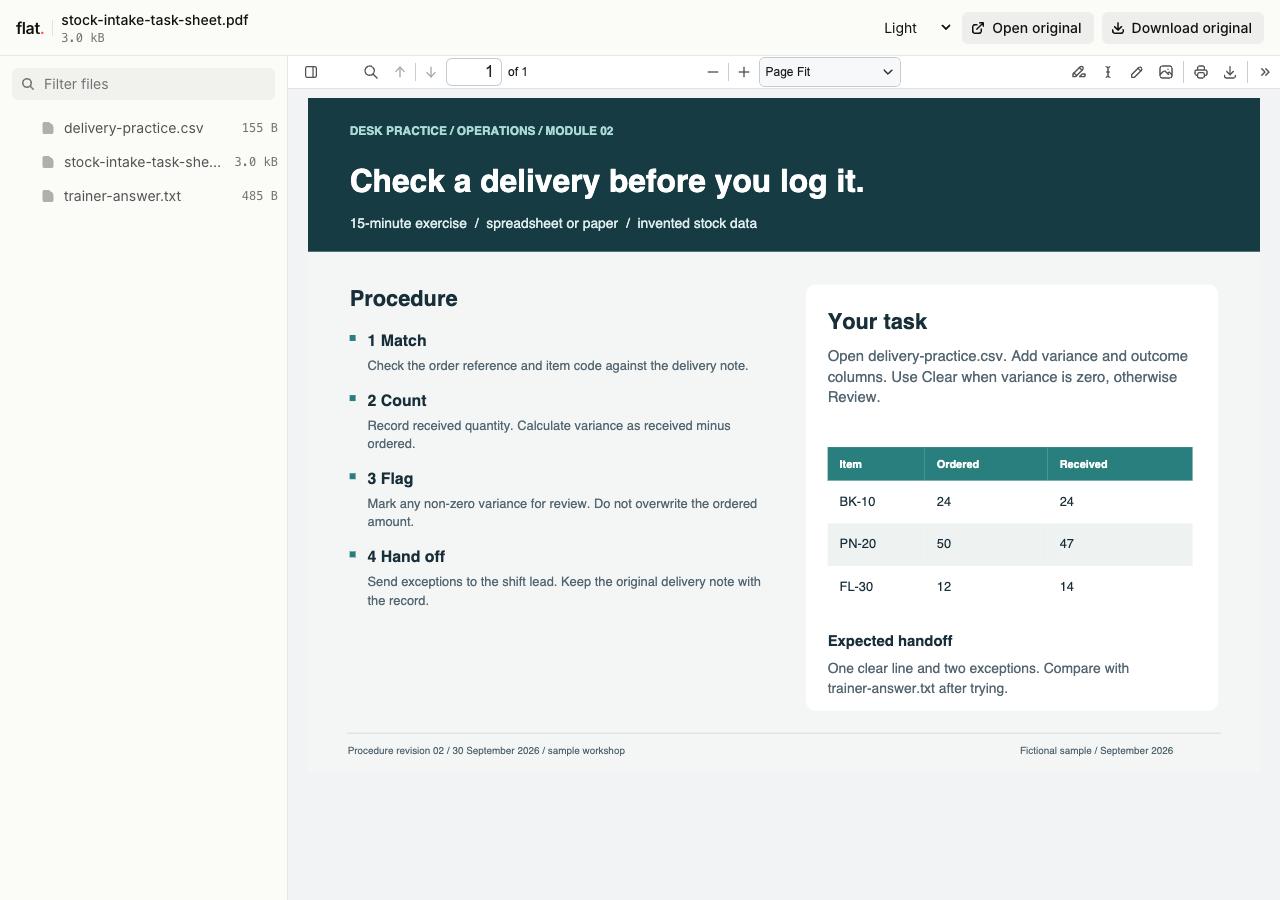 Flat displaying a stock intake task sheet with a four-step procedure and a practice delivery table.