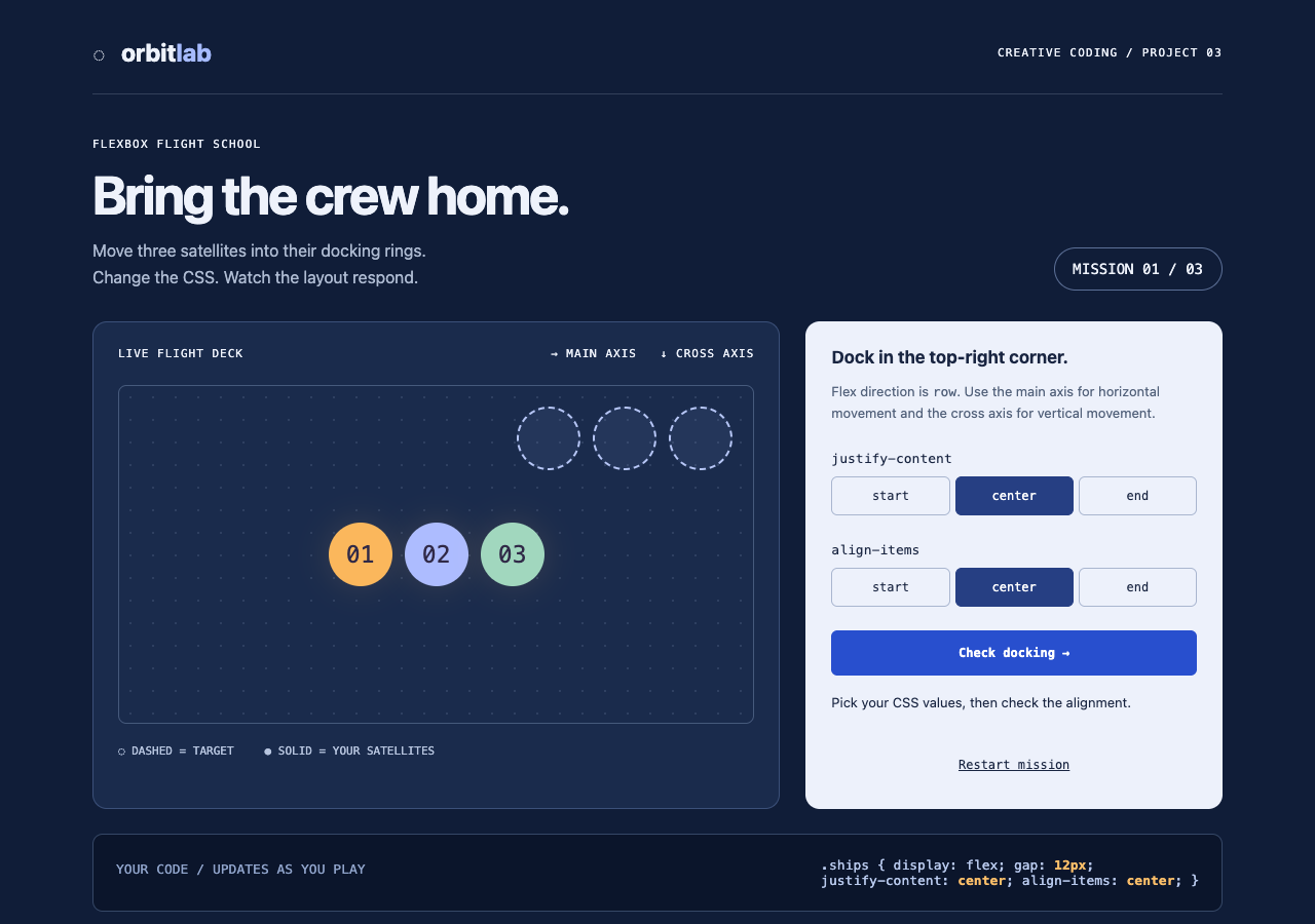 Orbit Lab browser game with three satellites, docking targets, and working flexbox alignment controls