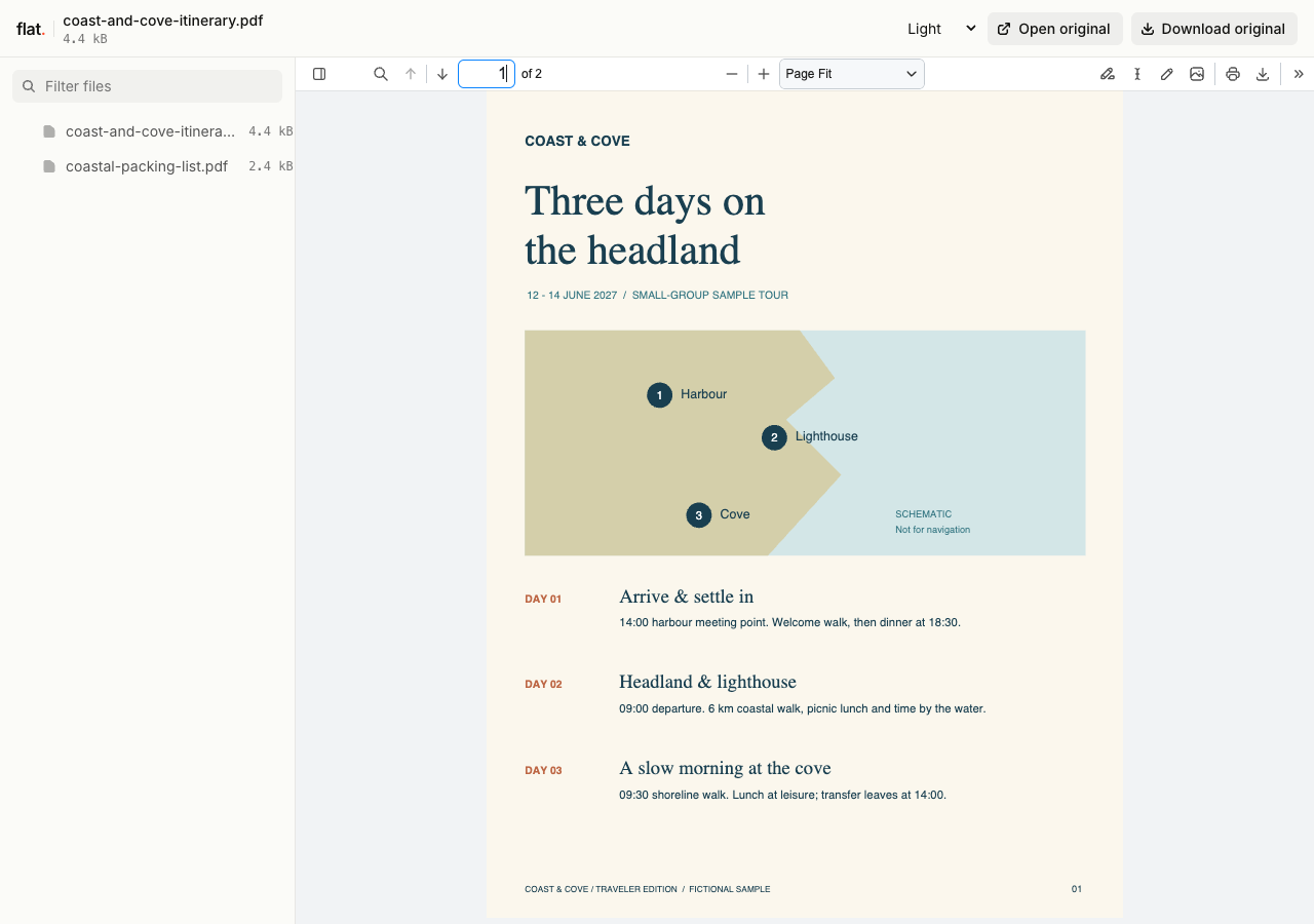 Flat's PDF viewer showing Coast & Cove's three-day sample itinerary, route sketch, and daily schedule.