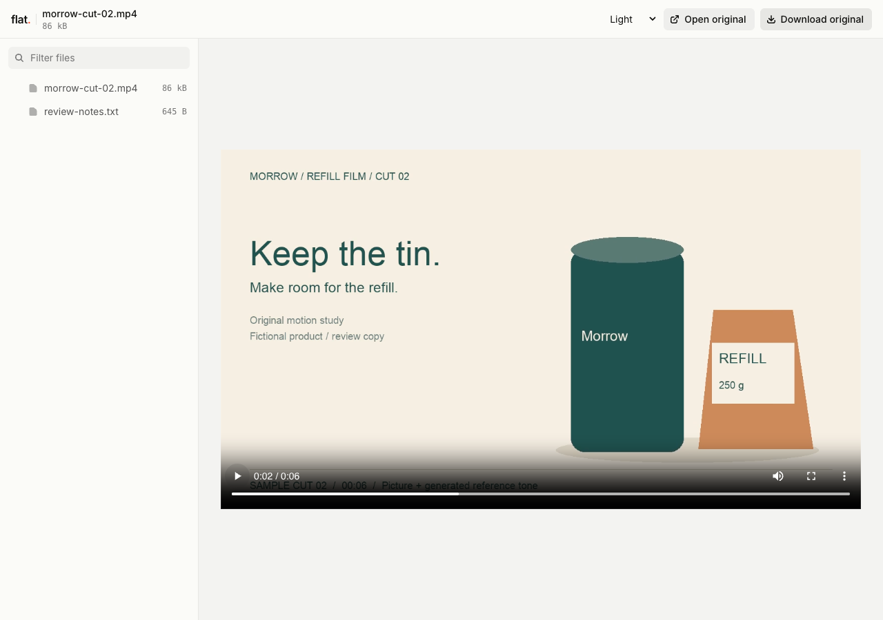 Flat's media player shows an original Morrow refill-film review cut with a tin and refill-pack animation.