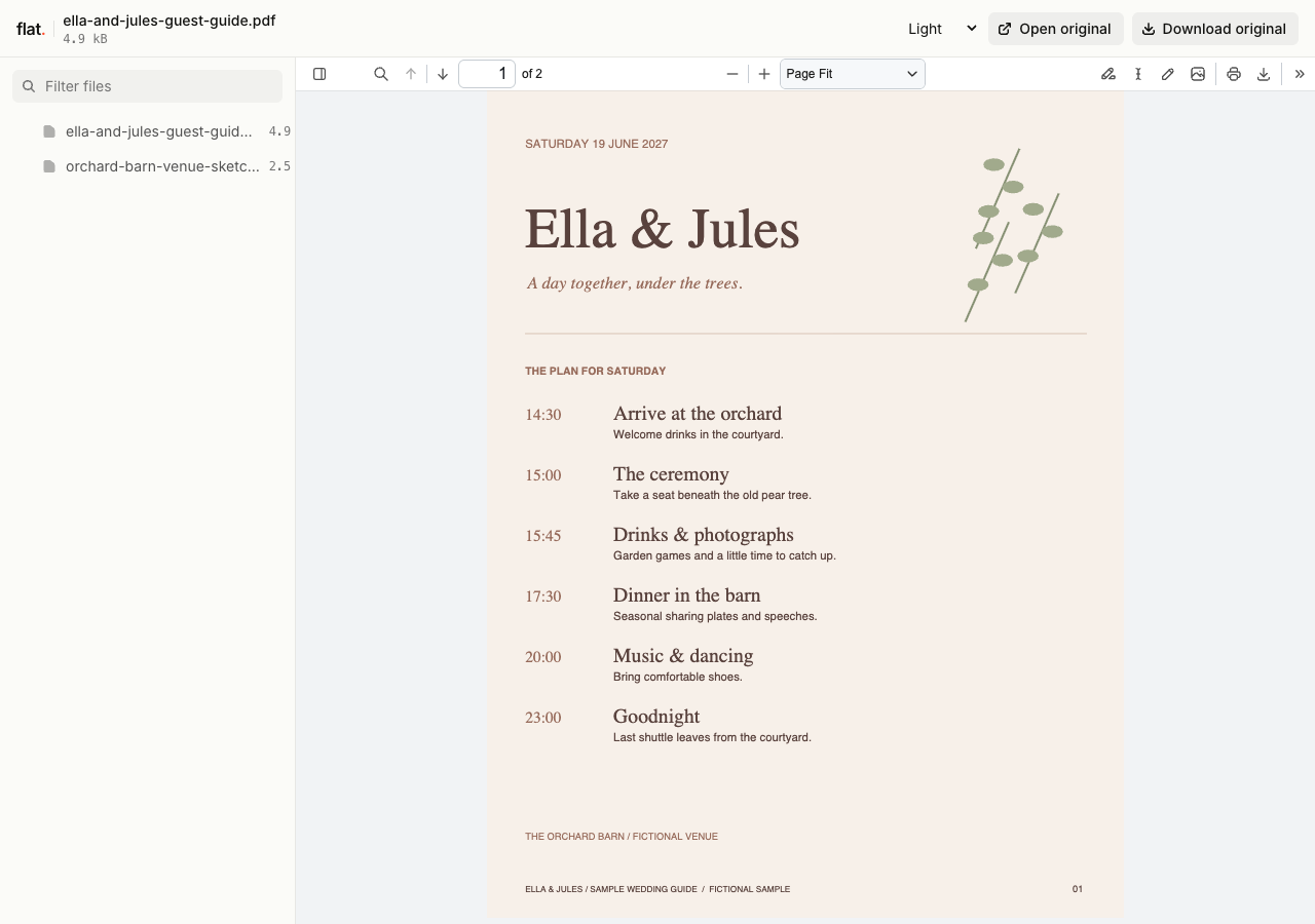 Ella and Jules' fictional wedding guest guide in Flat, showing the ceremony, dinner, dancing, and shuttle schedule.